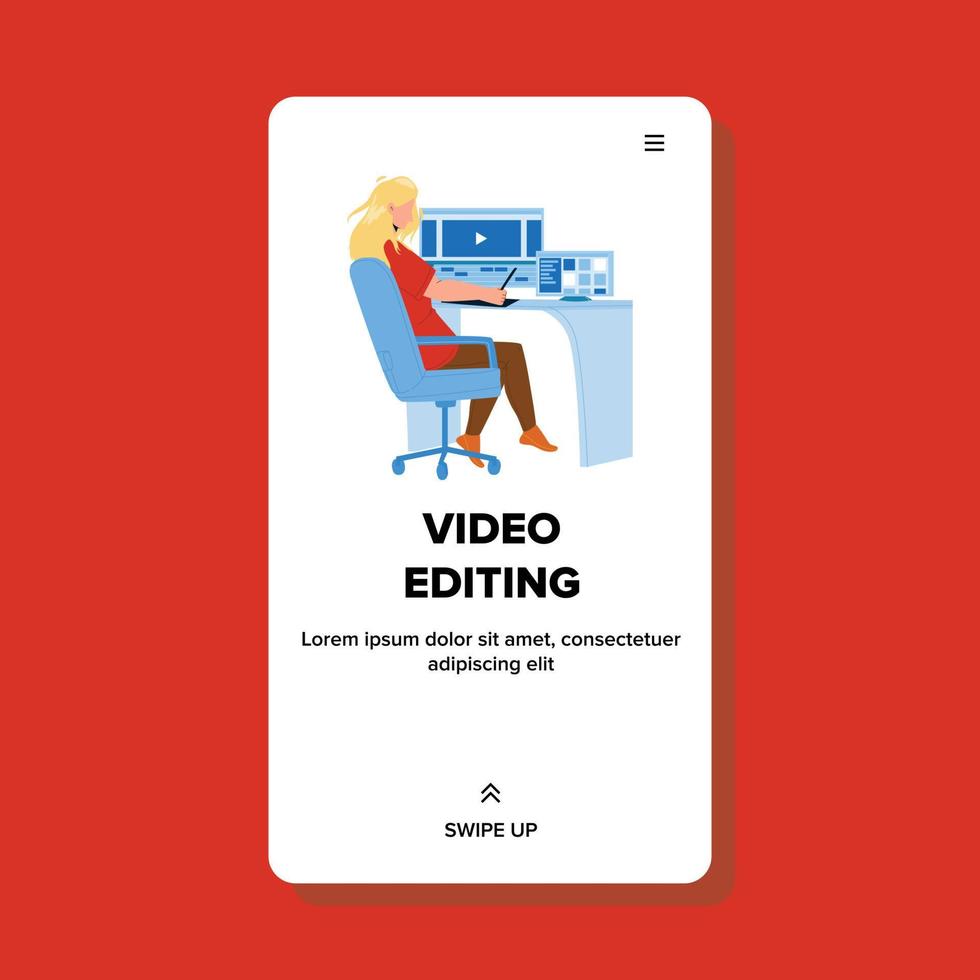 Video Editing Woman On Computer Workplace Vector
