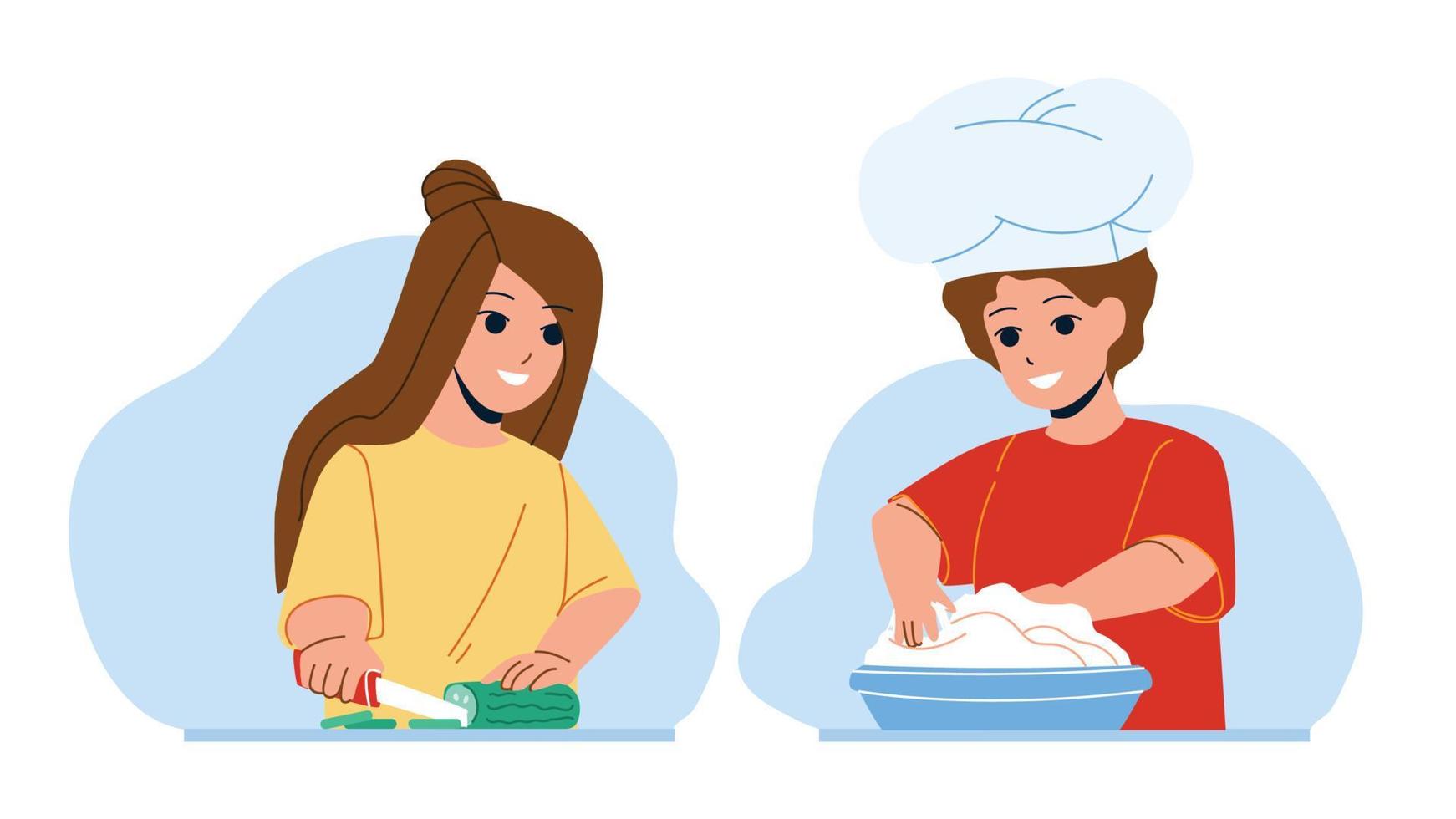 Kids Cooking Salad And Dessert Together Vector