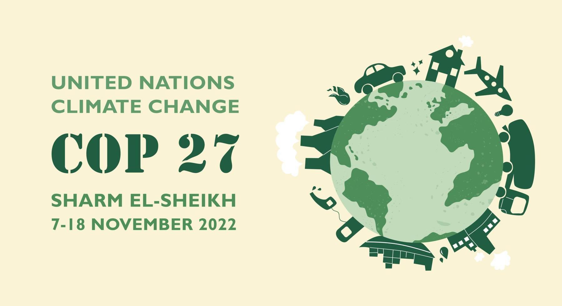 policía 27 en sharm el-sheikh, egipto. conferencia de cambio climatico de naciones unidas. Del 7 al 18 de noviembre de 2022 será la cumbre climática internacional. banner moderno vector plano