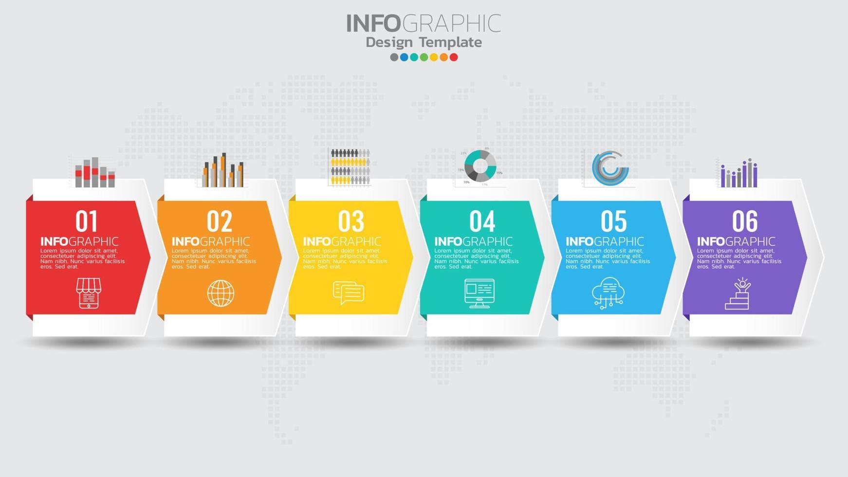 Timeline infographics template with 6 elements workflow process chart. vector