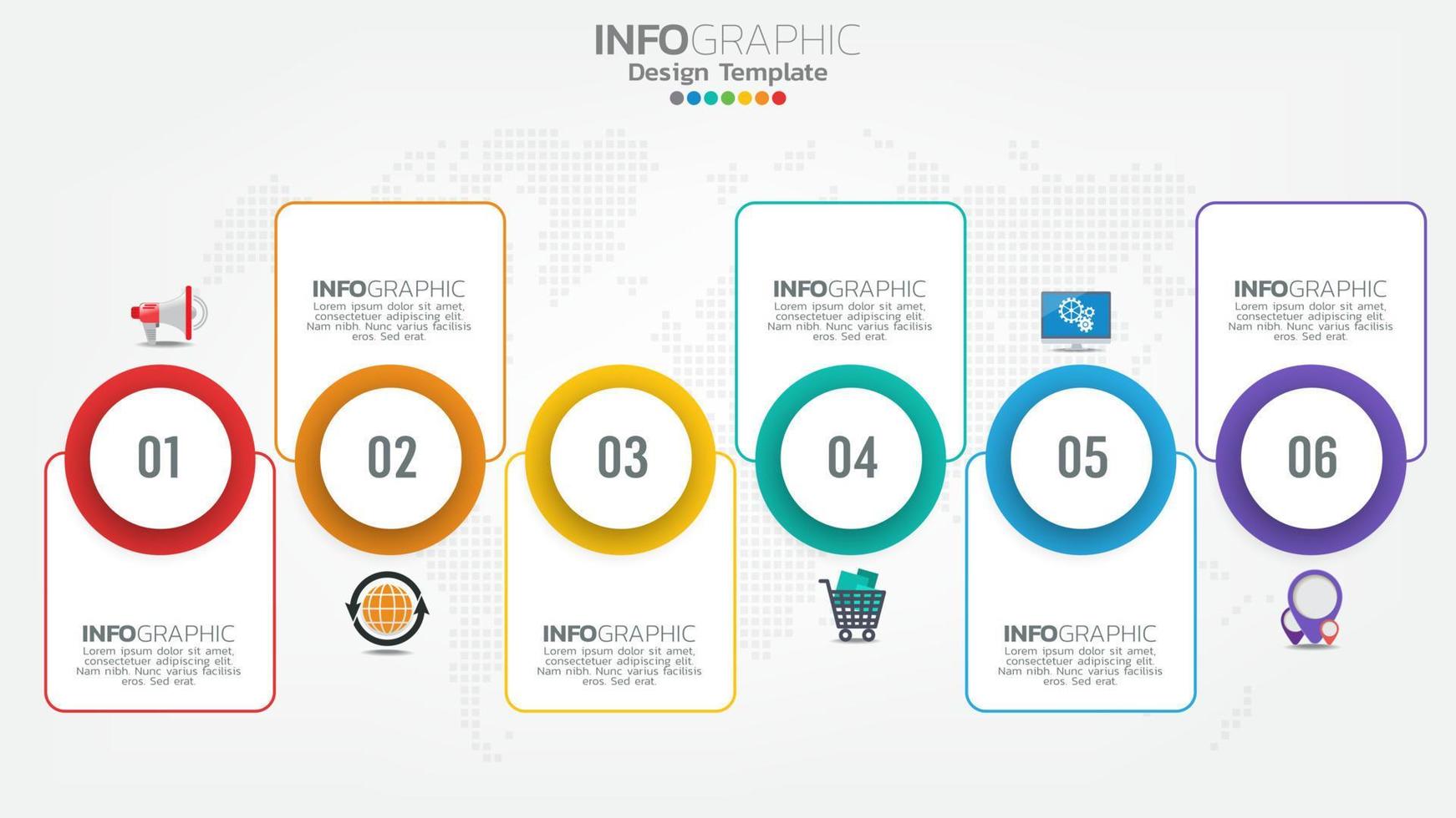 Timeline infographics template with 6 elements workflow process chart. vector