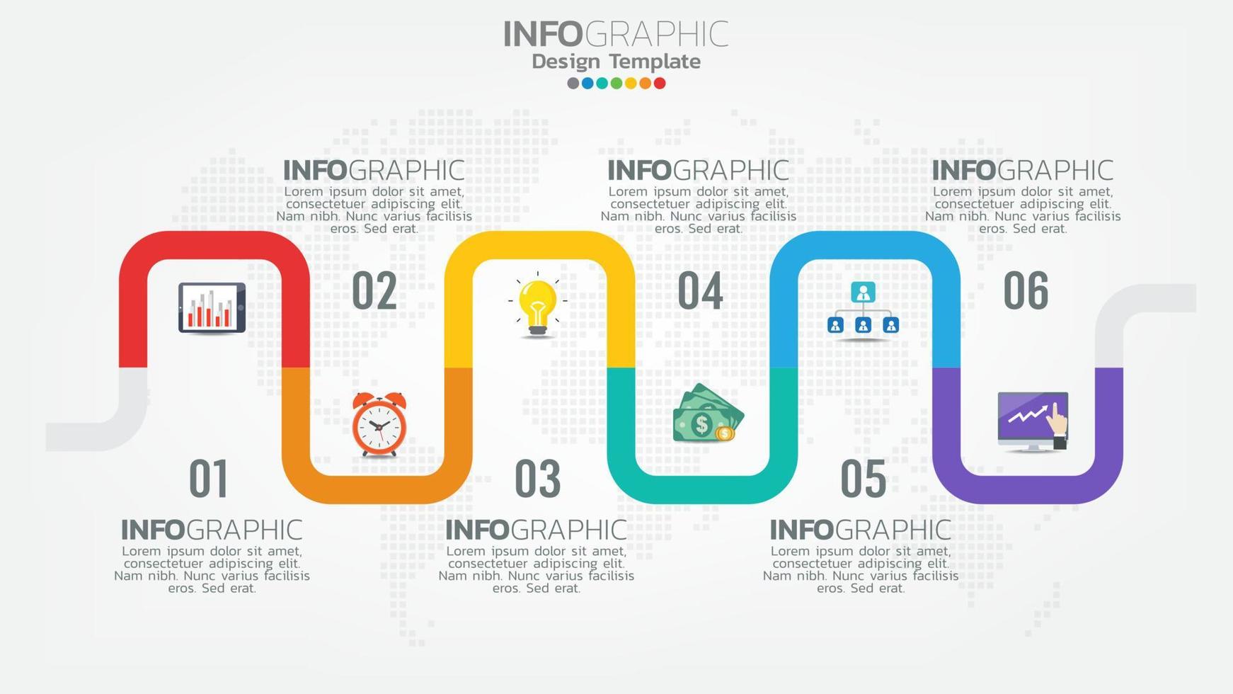 plantilla de infografía de línea de tiempo con gráfico de proceso de flujo de trabajo de 6 elementos. vector