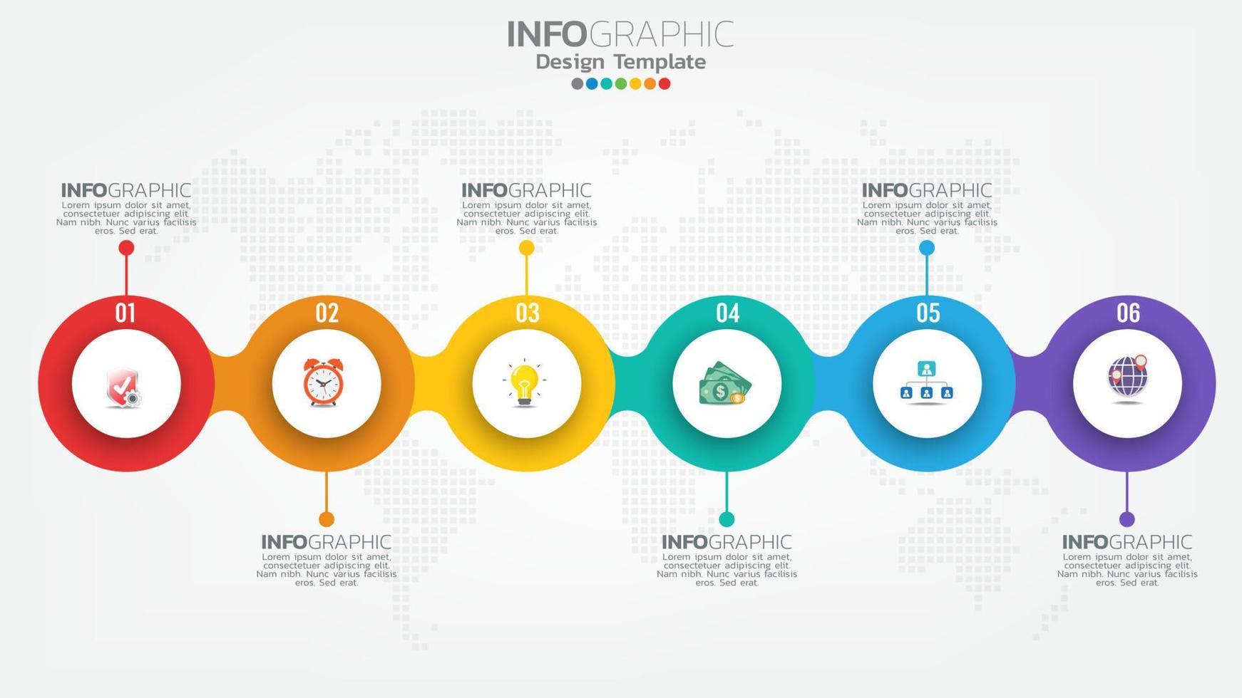 Timeline infographics template with 6 elements workflow process chart. vector