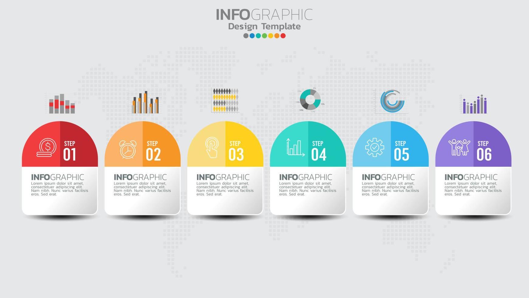 Timeline infographics template with 6 elements workflow process chart. vector