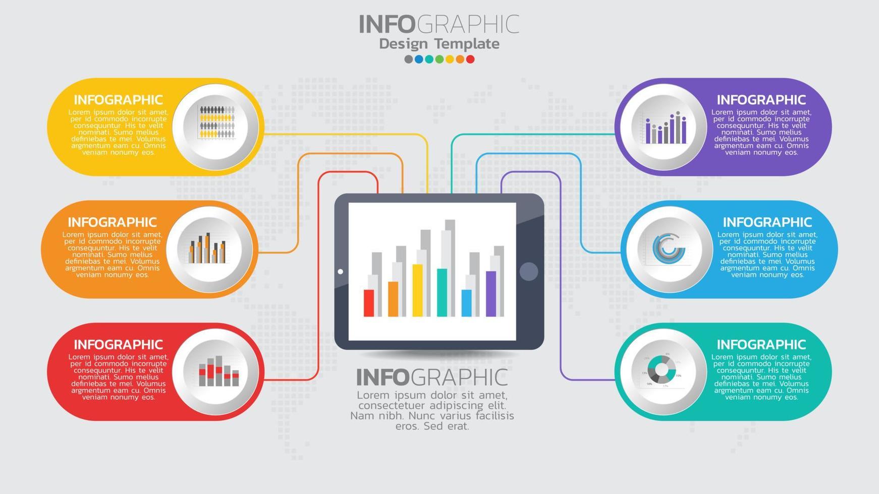 Plantilla de infografía con diagrama de proceso de flujo de trabajo de 6 elementos. vector