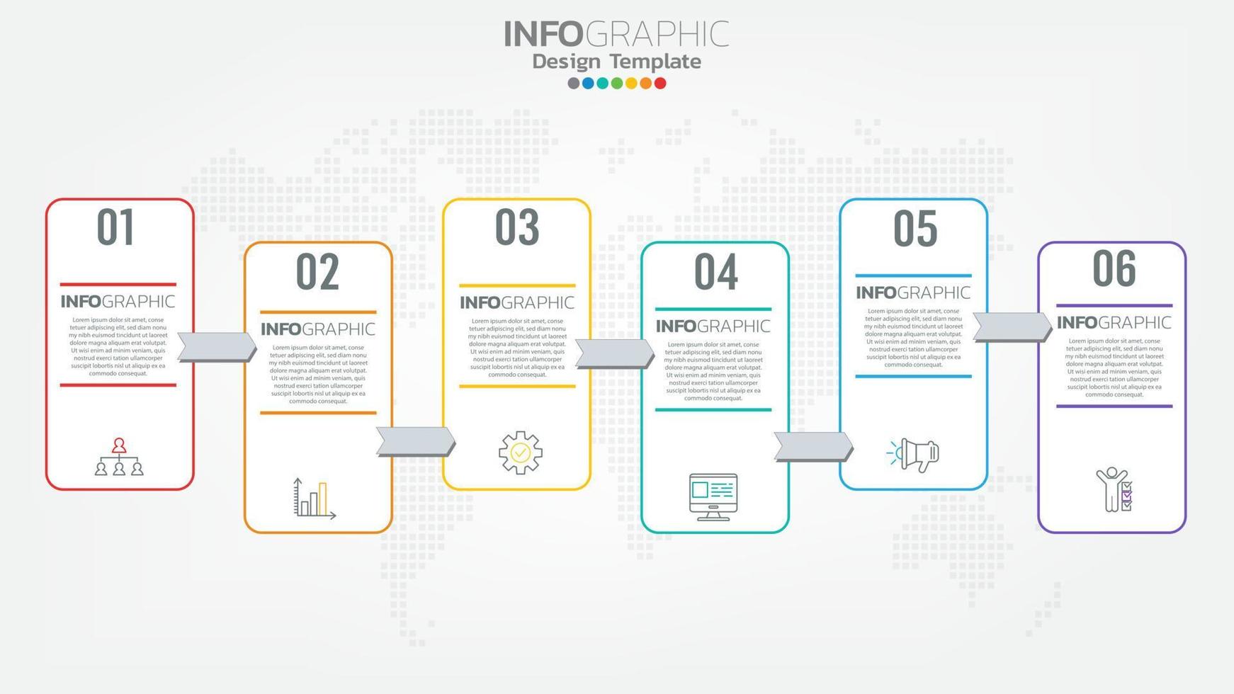 Timeline infographics template with 6 elements workflow process chart. vector