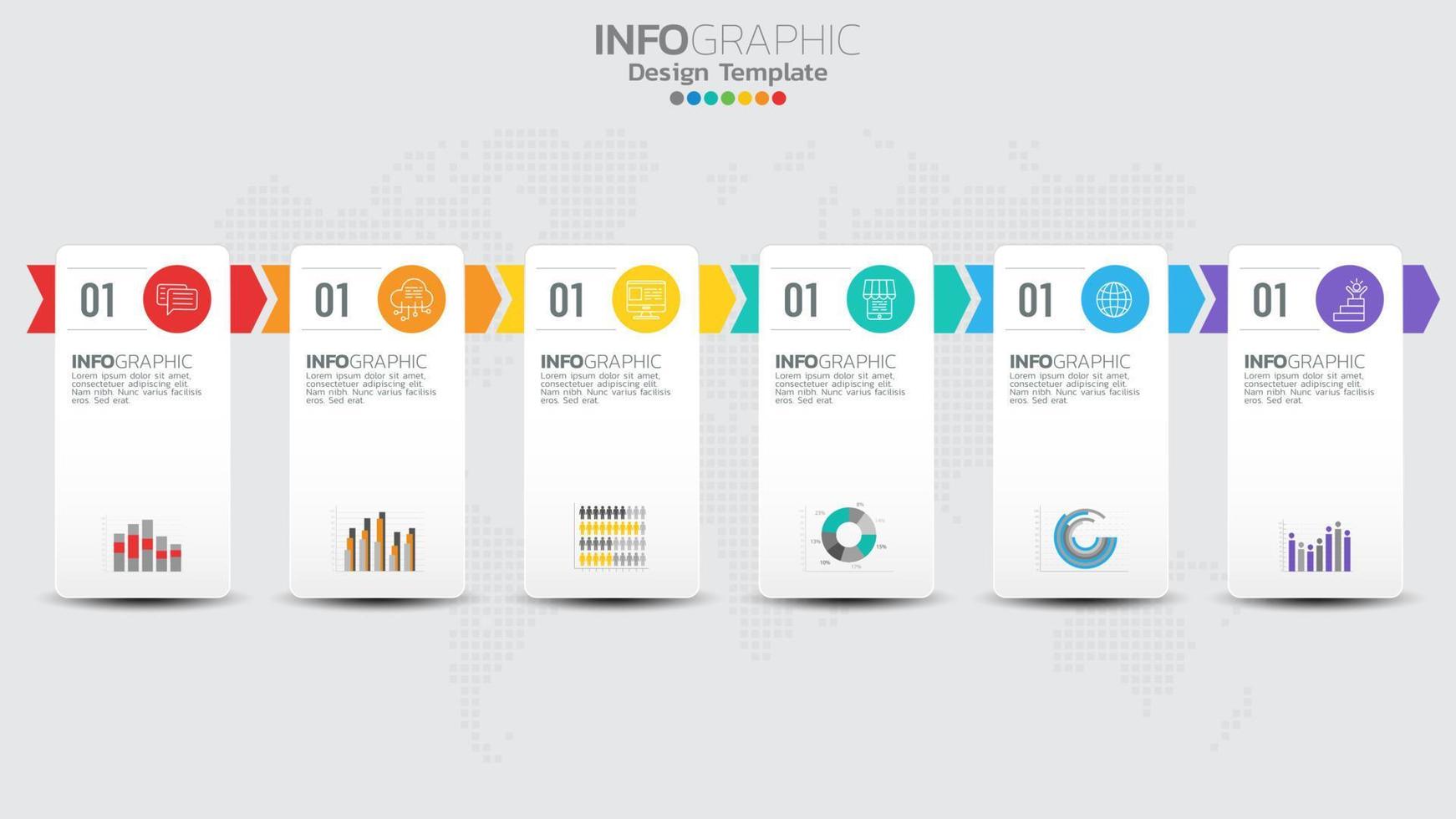 Timeline infographics template with 6 elements workflow process chart. vector