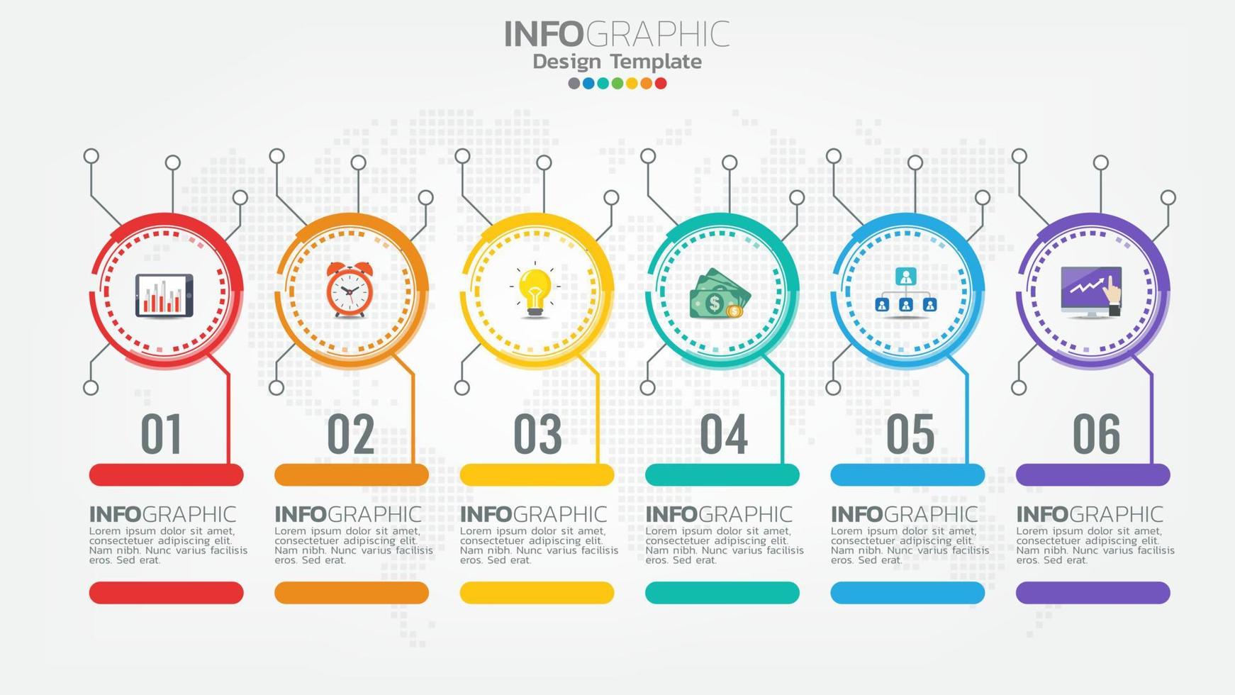 Timeline infographics template with 6 elements workflow process chart. vector