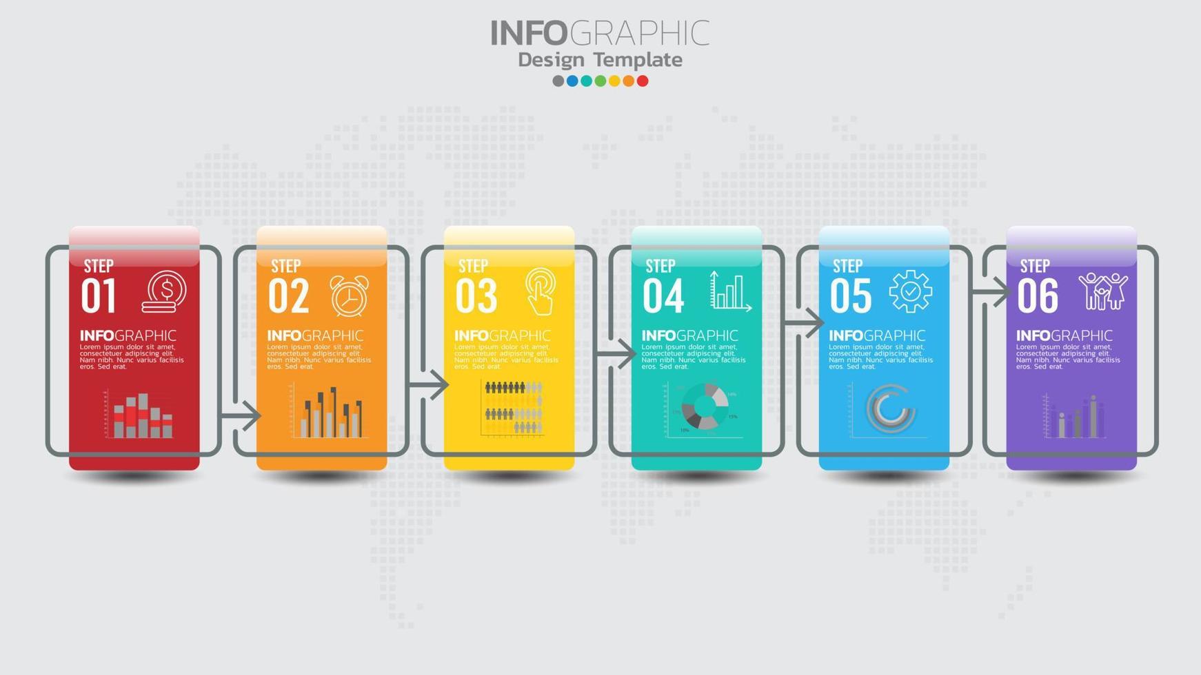 Timeline infographics template with 6 elements workflow process chart. vector