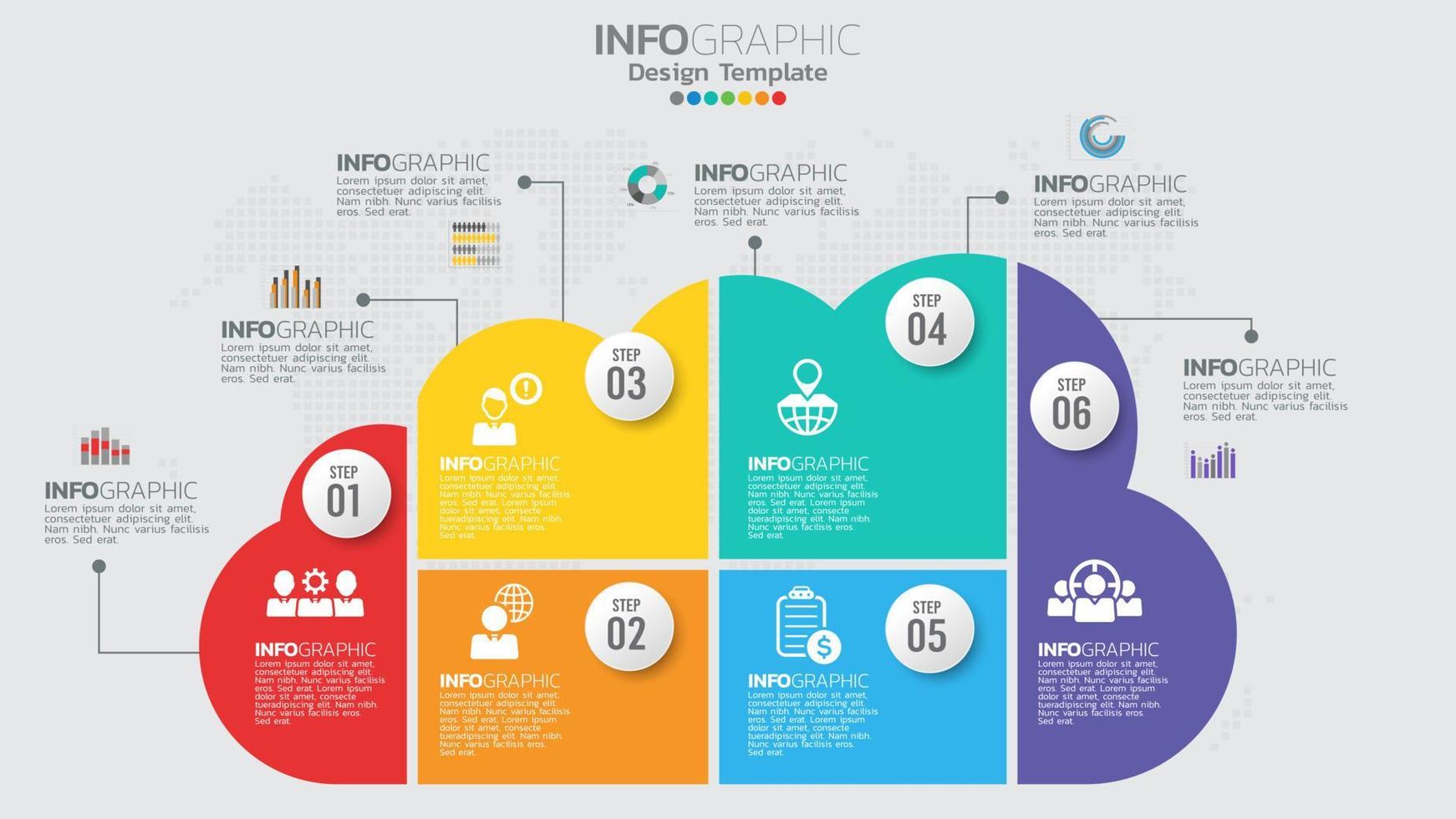 Infographics template with 6 elements workflow process chart. vector