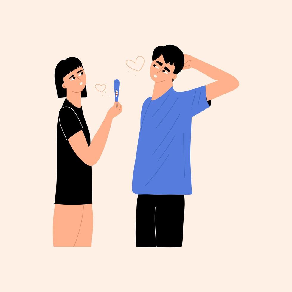 la joven futura madre le muestra al futuro padre feliz una prueba de embarazo positiva. un hombre y una mujer esperan un bebé. ilustración vectorial dibujada a mano. vector