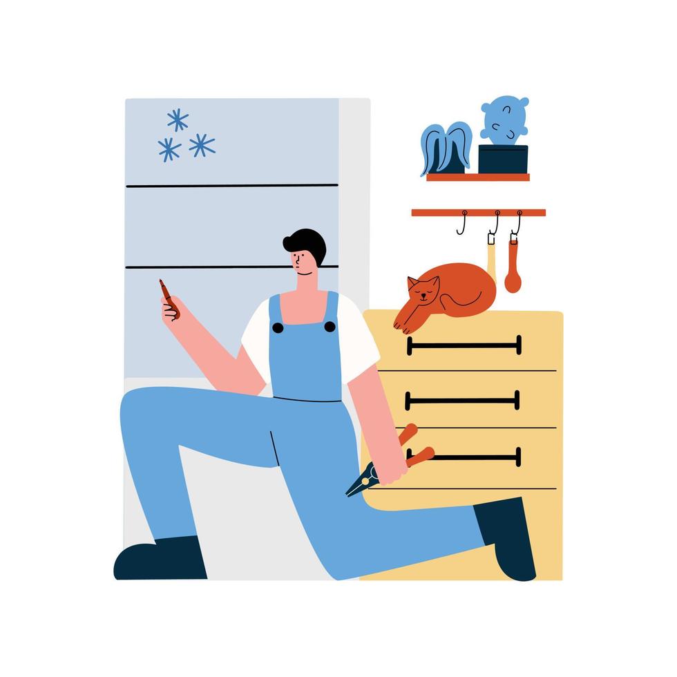 The man is fixing the refrigerator. Household appliances repair service. Vector illustration in flat