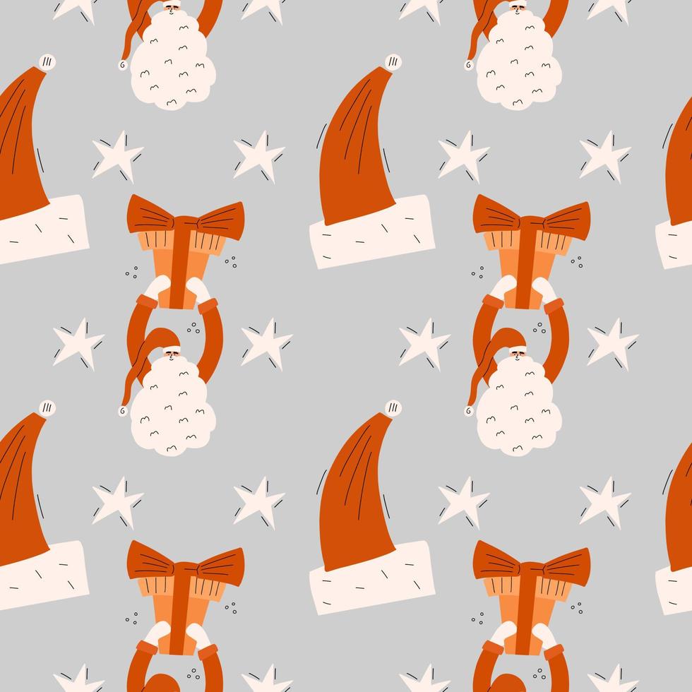 Seamless Christmas pattern. Background with santa claus and red hat. Vector illustration in hand-drawn style