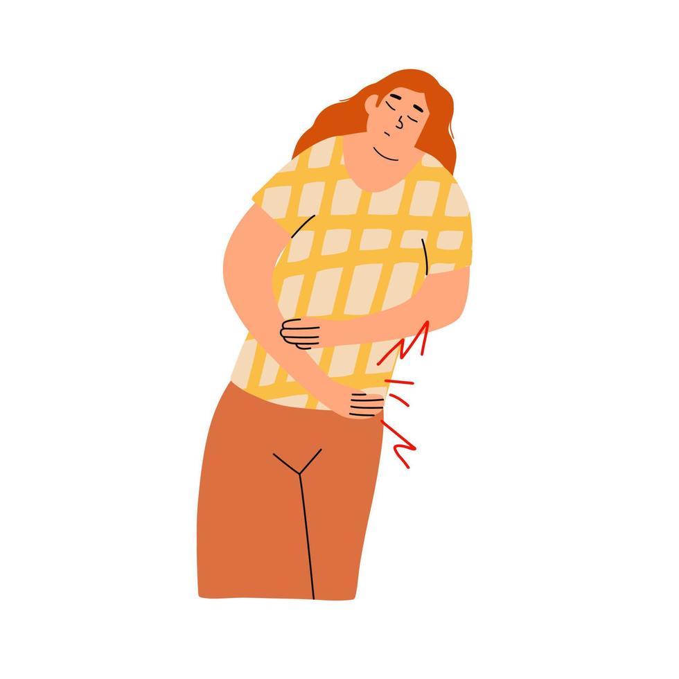 The woman suffers from stomach pain, hunger. Inflammation of the intestines, gastritis, cramps during menstruation. Vector hand drawn illustration
