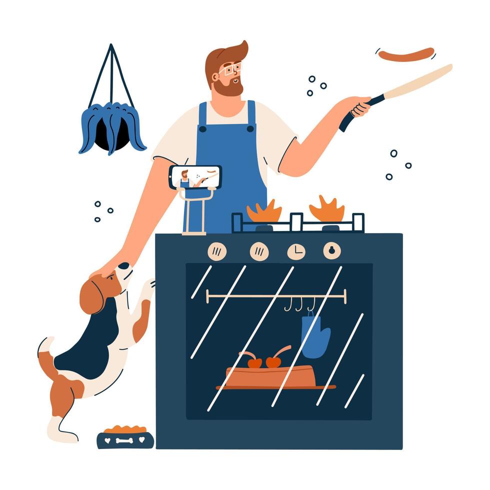 A male food blogger filming his phone as he prepares food. A man with a dog pet at the stove. Vector hand drawn illustration in flat style