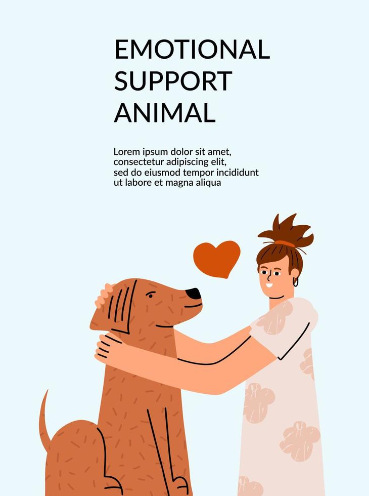 The girl hugs her dog with love. The concept of emotional support by animals. Vector illustration in flat style