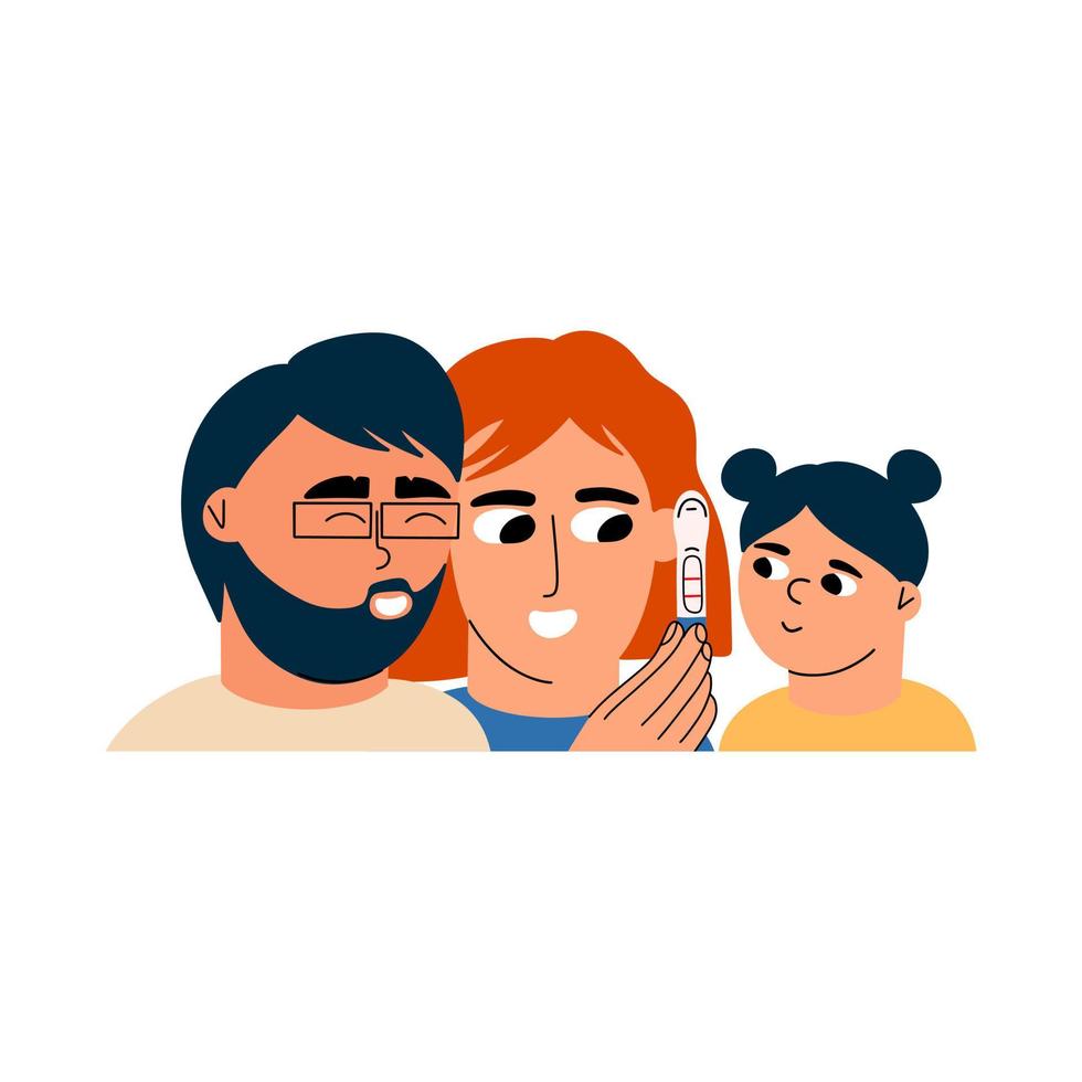 A family of dad, mom and daughter look at positive pregnancy test results. Waiting for a child. Vector illustration in flat style