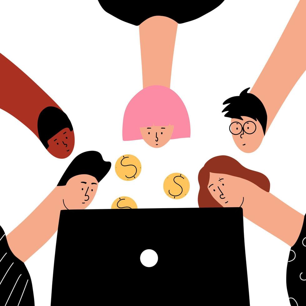 Joint business project on the Internet. Teamwork. A group of young people earn money on the Internet remotely. Vector illustration in flat style