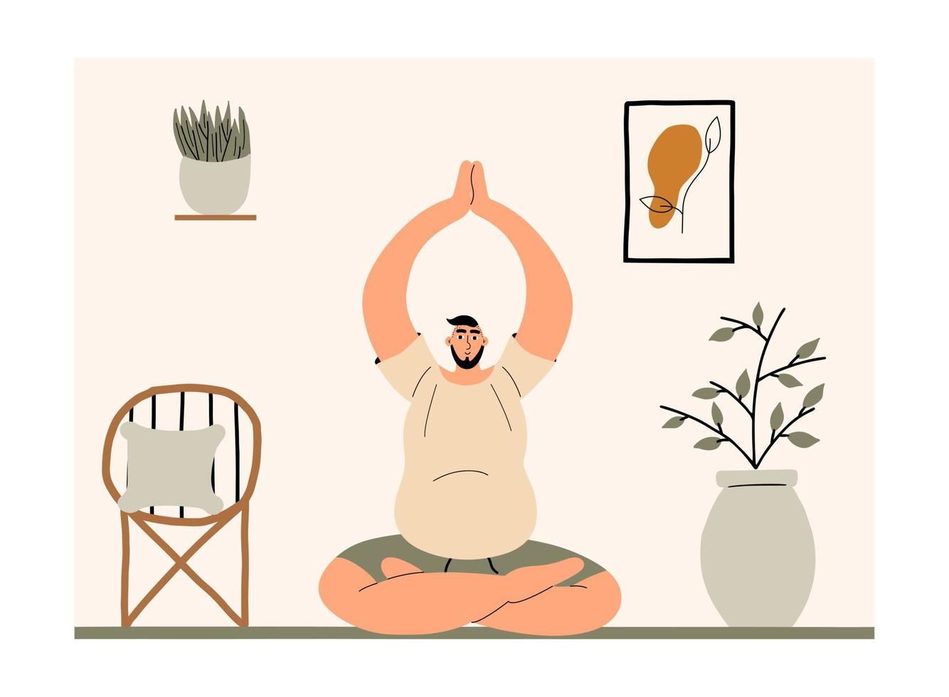 Body positive overweight man doing yoga at home. Interior in boho style. The male character sits on the carpet and rests. Hand drawn vector illustration.