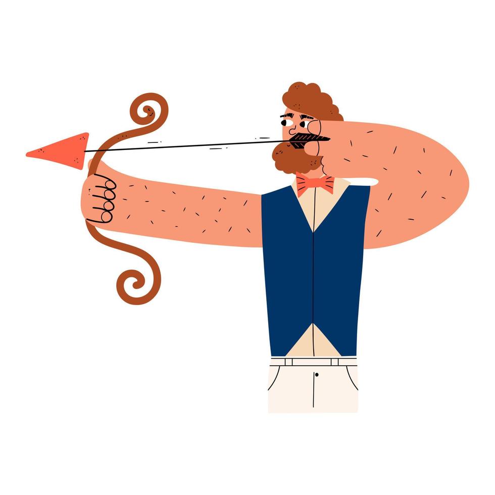 A bearded man in a vest with a bow and arrow. Romantic guy. Archer character. Vector illustration hand drawn in style.
