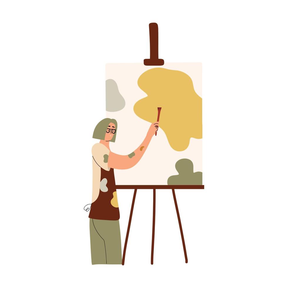 The girl paints on the easel. Art therapy. The woman is an artist. Hand drawn vector illustration.