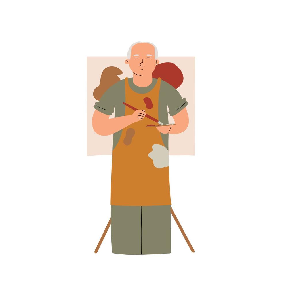 Senior man paints a picture on canvas. Art therapy for retired people. Vector illustration hand drawn.