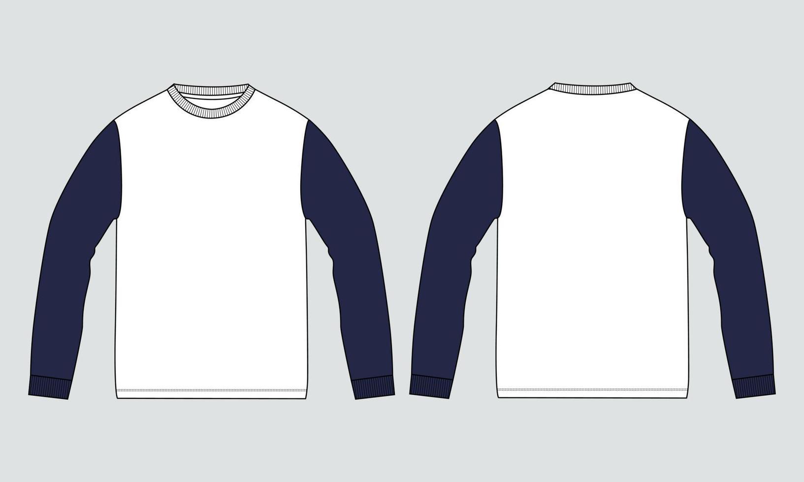 Two tone Color Long Sleeve T shirt Technical Fashion flat sketch Vector template for Men's and boys