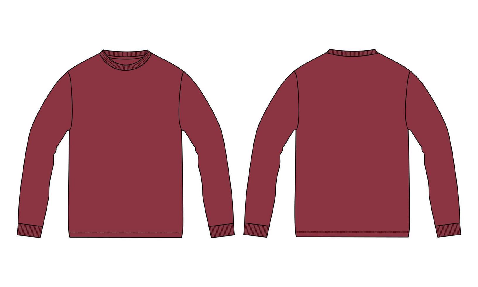 Long sleeve T shirt technical fashion flat sketch vector Illustration Red Color  mock up template for Men's and boys.