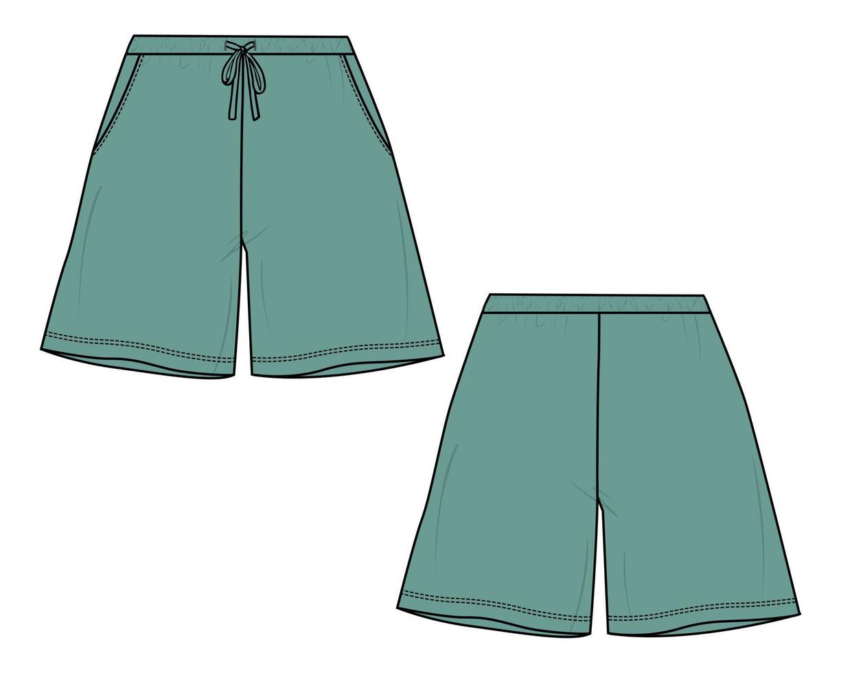 Shorts pants Technical Fashion flat sketch vector illustration green Color template Front and back views.