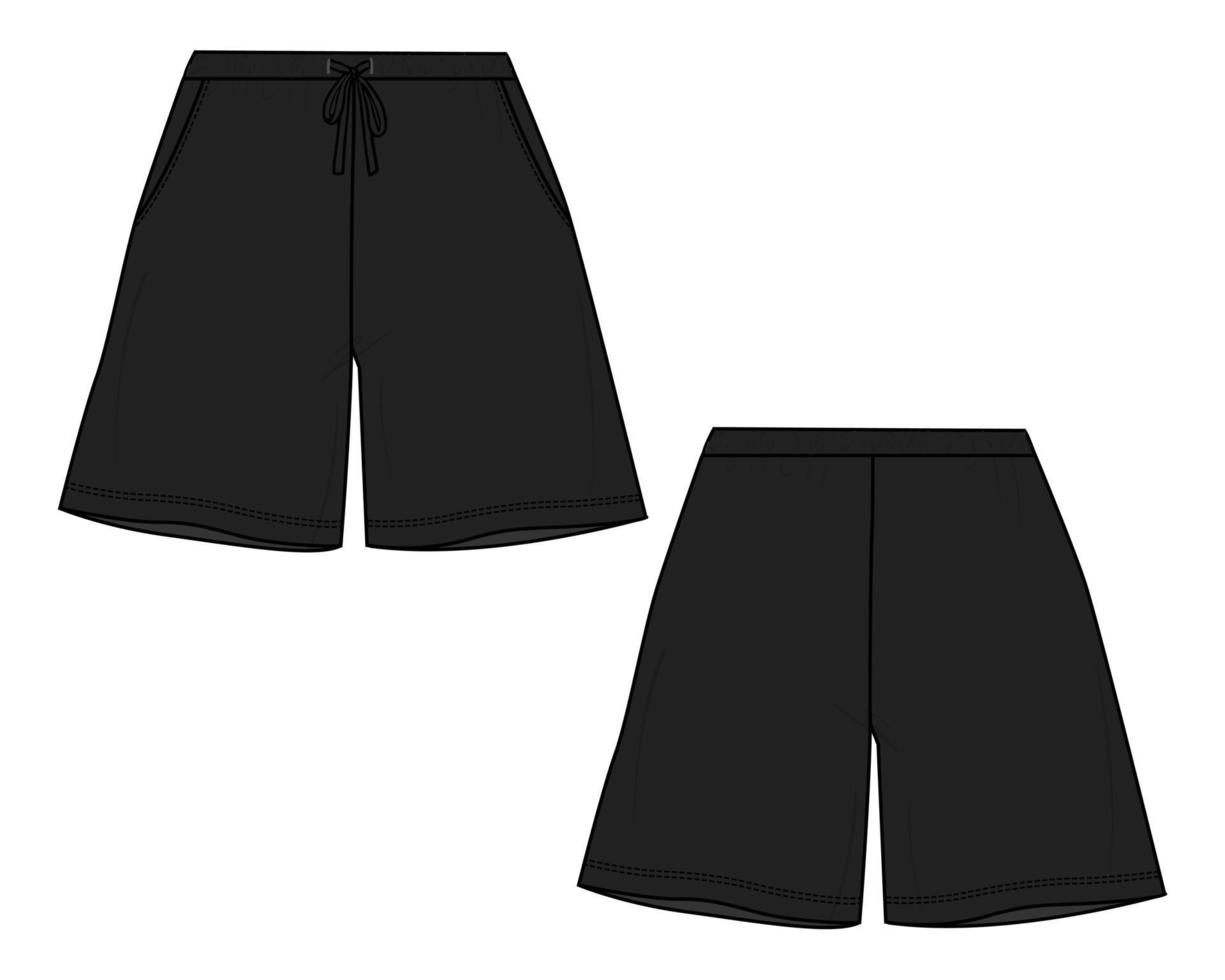 Shorts pants Technical Fashion flat sketch vector illustration black Color template Front and back views.