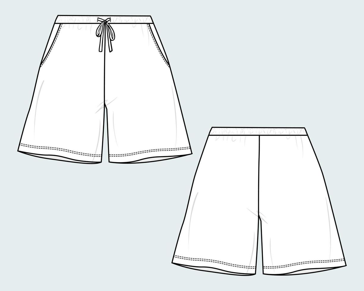 Shorts pants Technical Fashion flat sketch vector illustration template Front and back views.