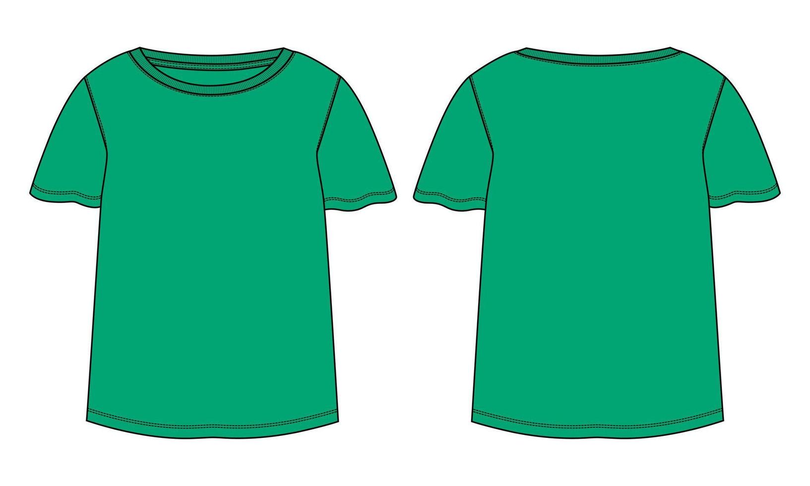T shirt tops technical fashion flat sketch vector Green color template for ladies and baby girls