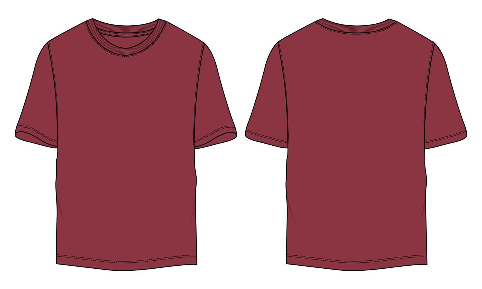 Short sleeve T shirt technical fashion flat sketch vector illustration Red color template front and back views