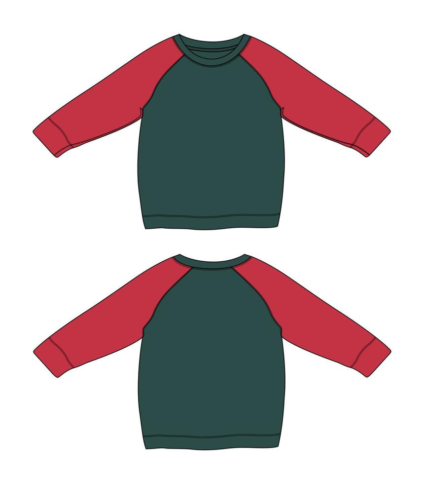 plantilla de boceto plano de moda técnica de sudadera raglán de dos tonos rojo y verde para mujer vector