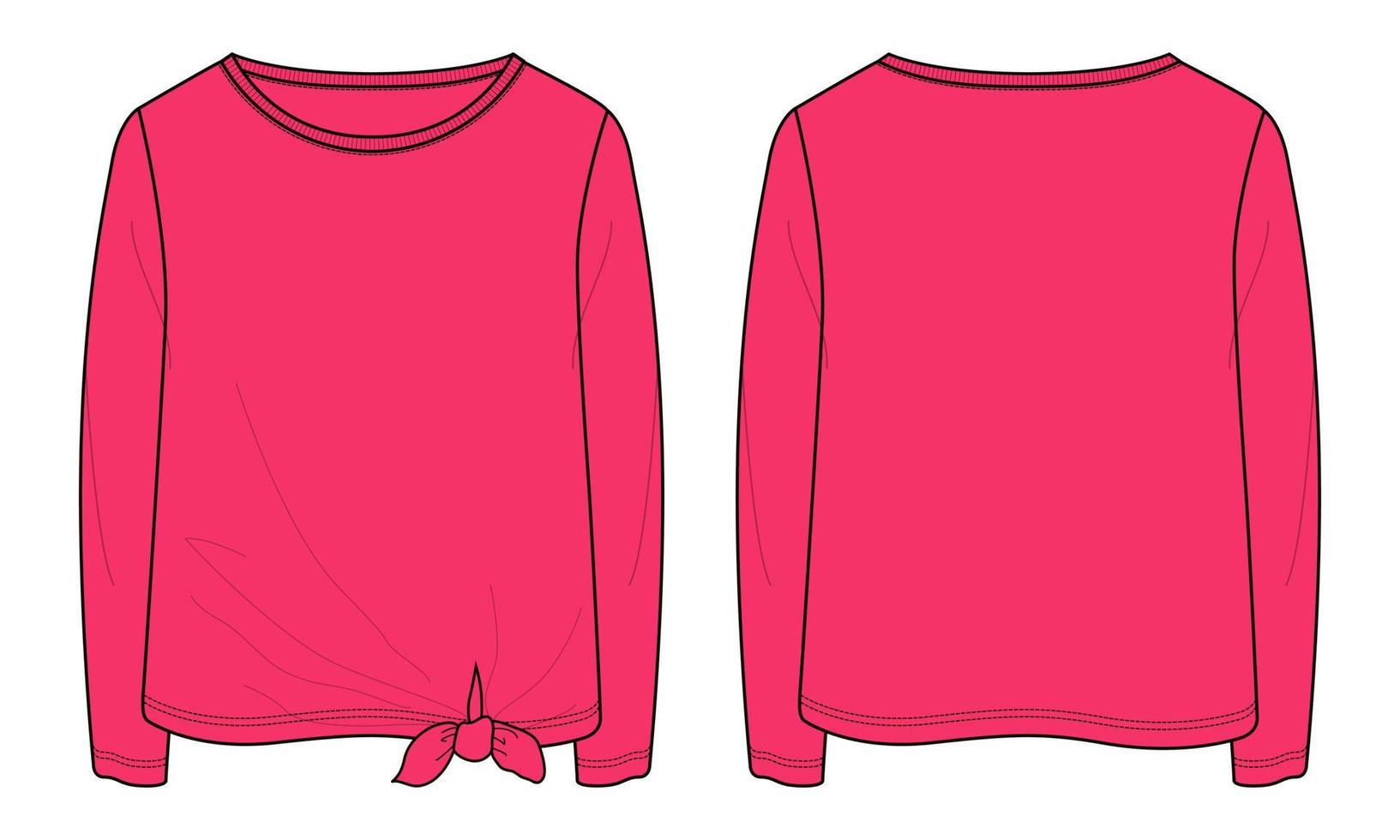 Long Sleeve T shirt Tops Technical fashion flat sketch vector illustration Pink Color template for ladies