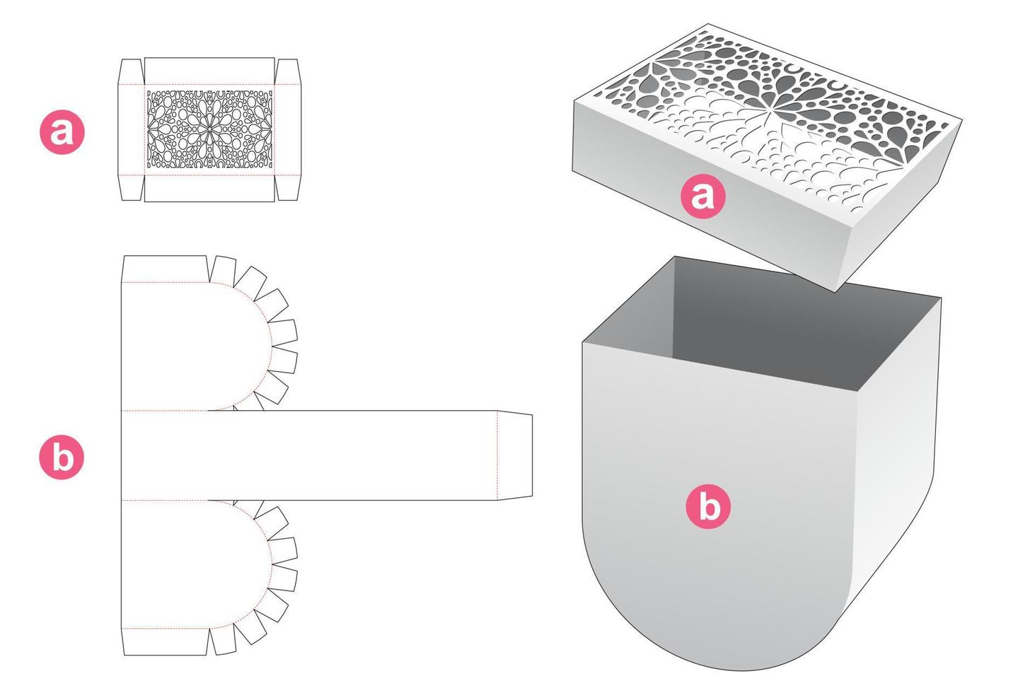 Bottom round box with stenciled lid die cut template and 3D mockup vector