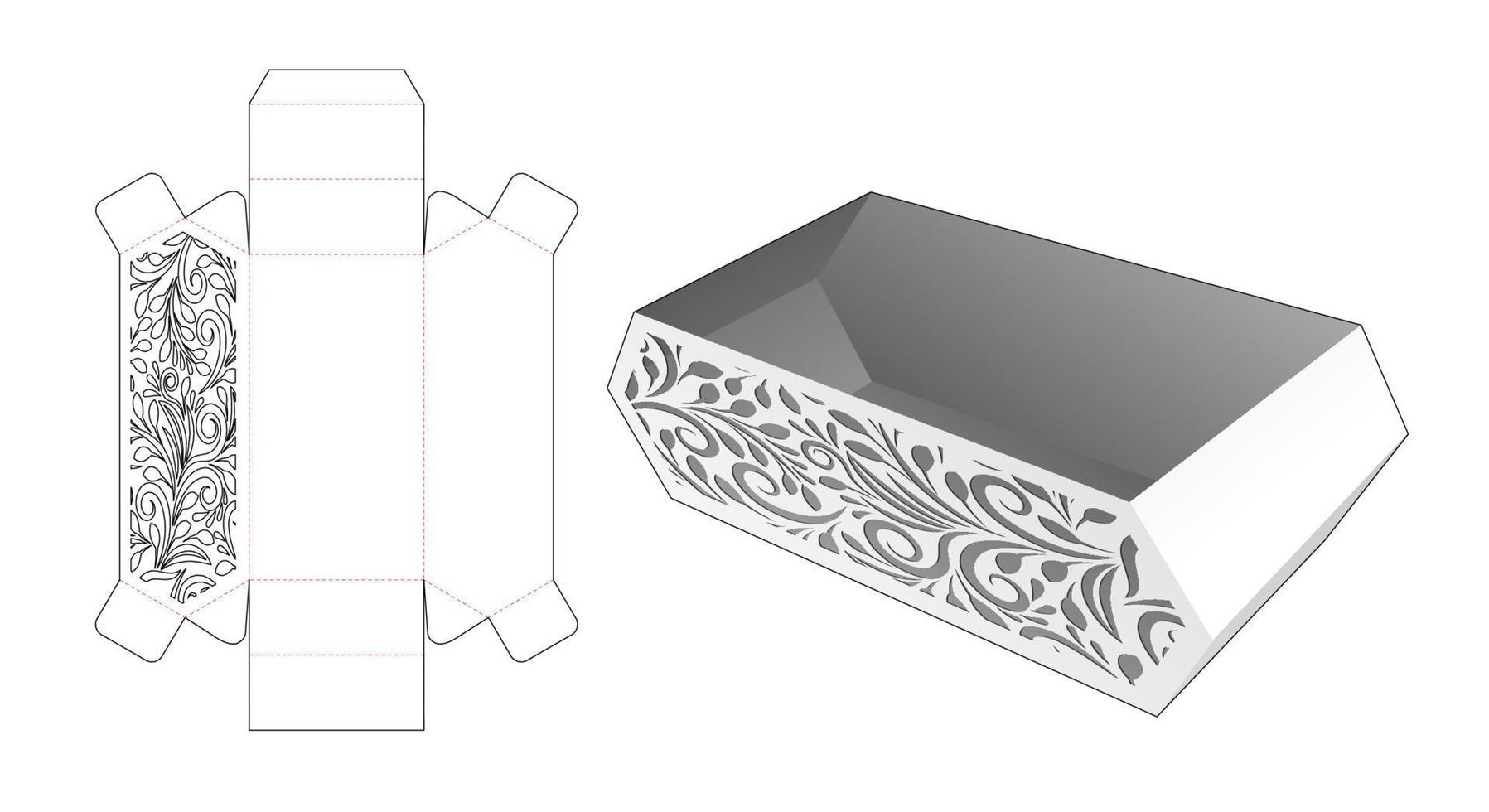 Chamfered stenciled pattern box die cut template and 3D mockup vector