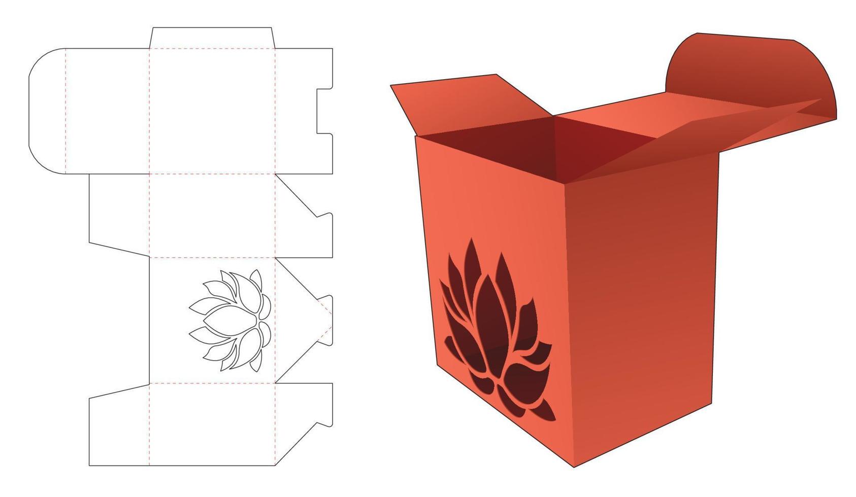 Box with stenciled lotus die cut template and 3D mockup vector