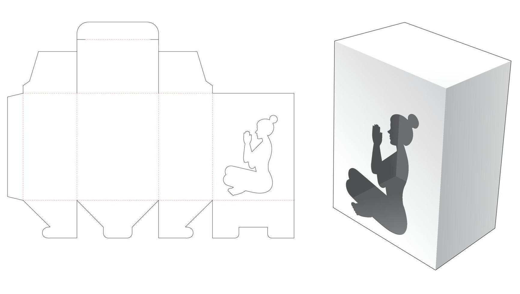 Packaging box with yoga window die cut template and 3D mockup vector