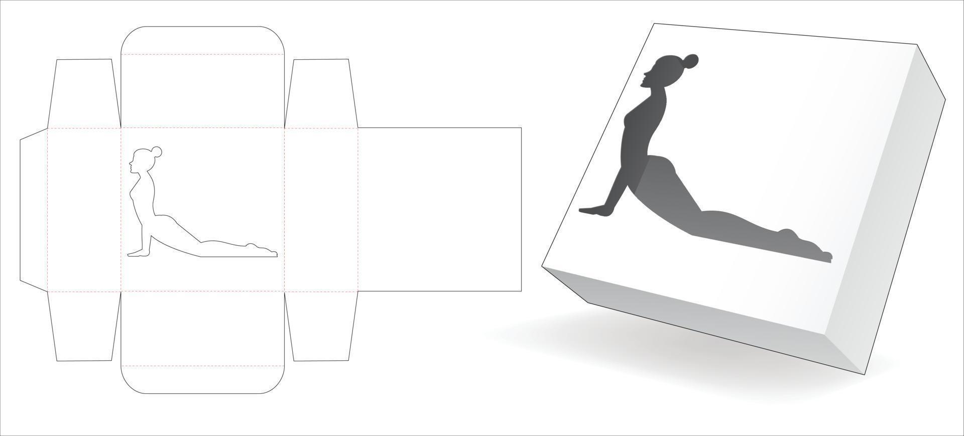 Box with yoga window die cut template and 3D mockup vector