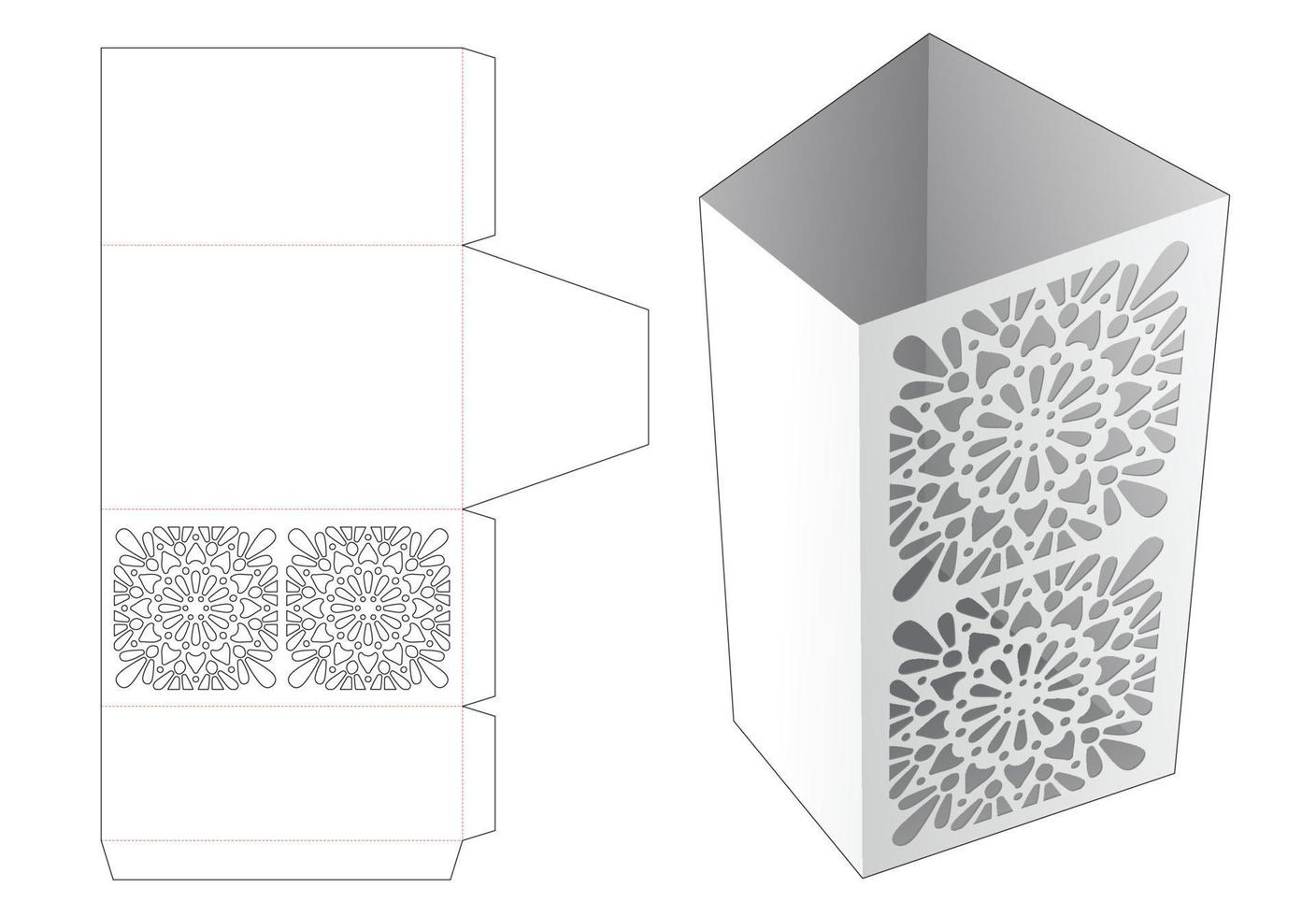 Trapezoid stenciled stationery box die cut template and 3D mockup vector