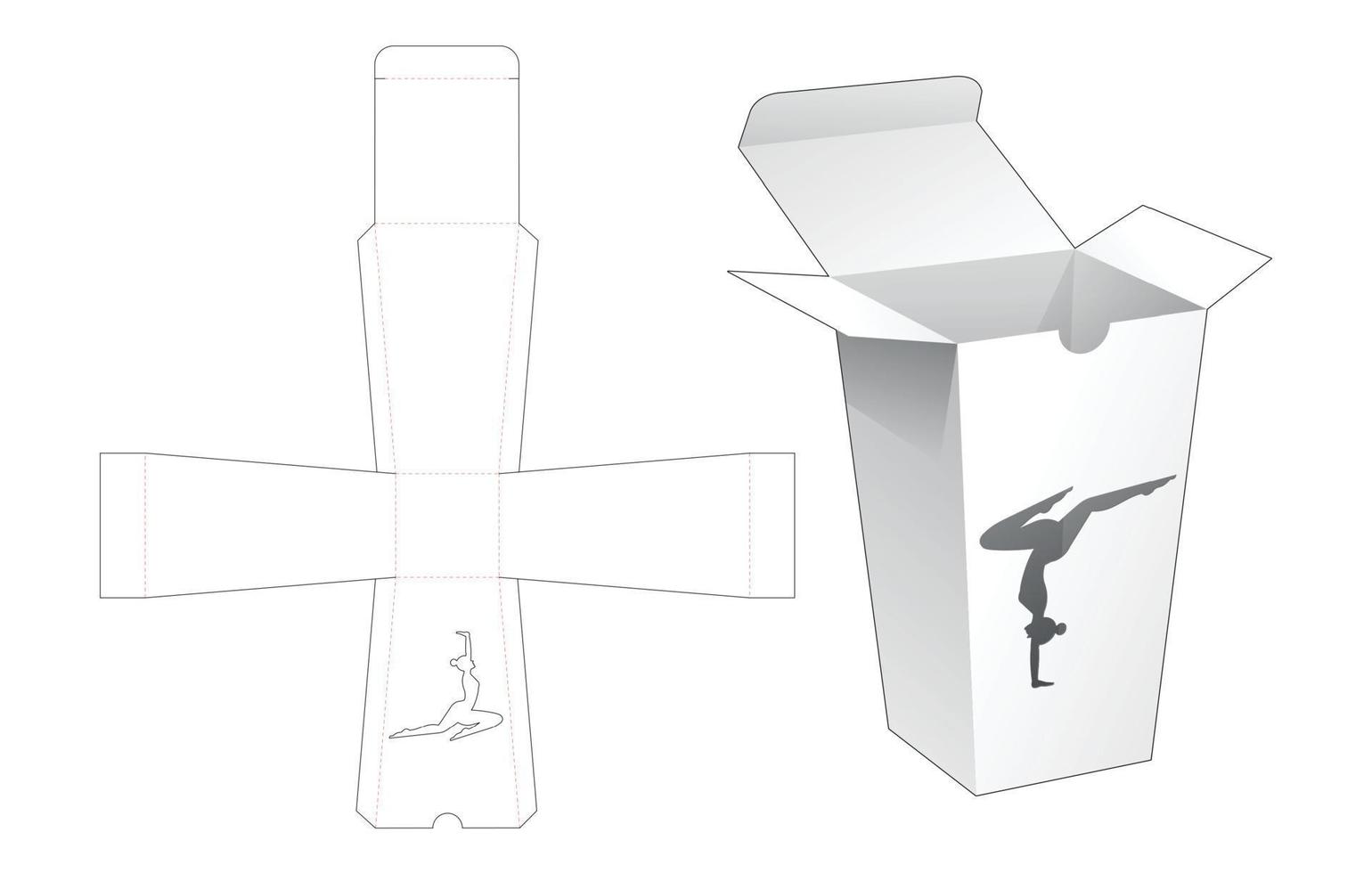 caja trapezoidal con plantilla troquelada de ventana de yoga y maqueta 3d vector