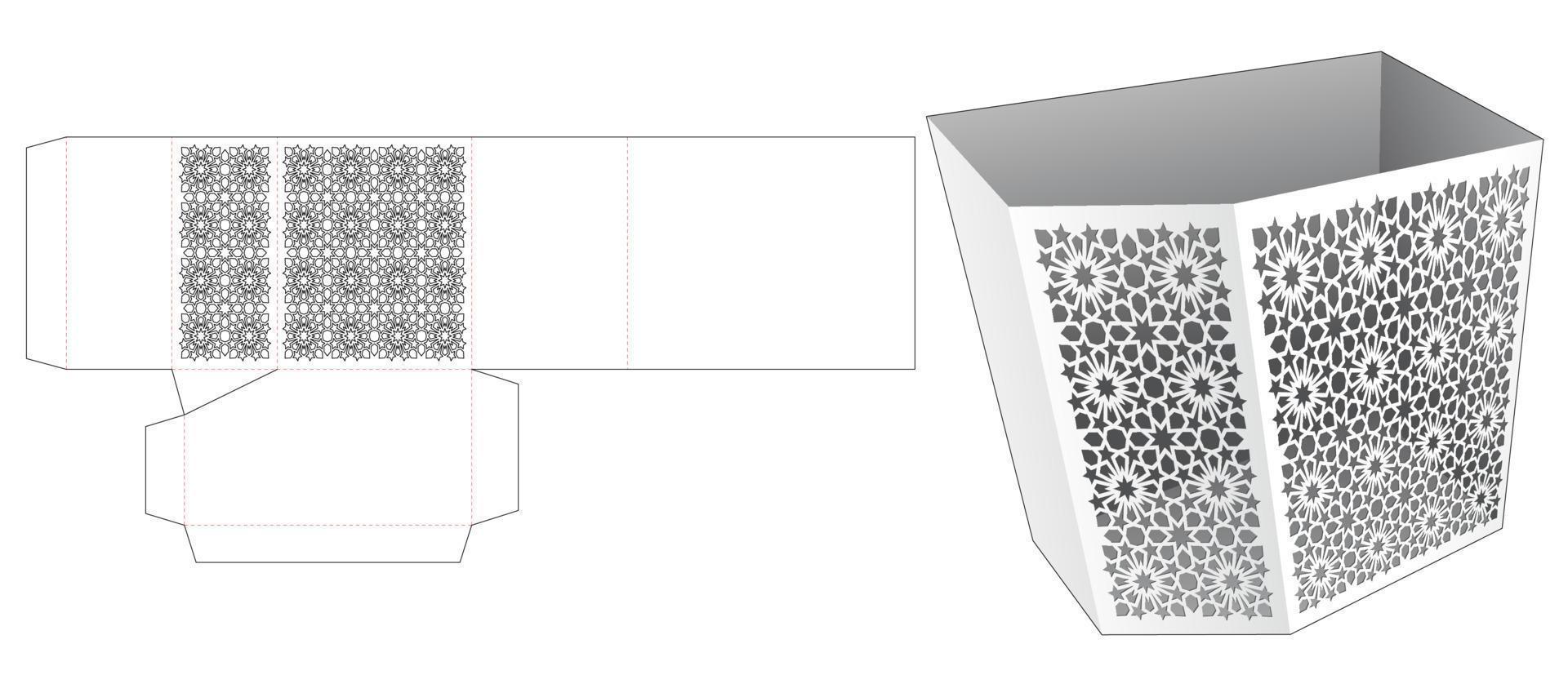 Chamfered stationery box with stenciled arabic pattern die cut template and 3D mockup vector