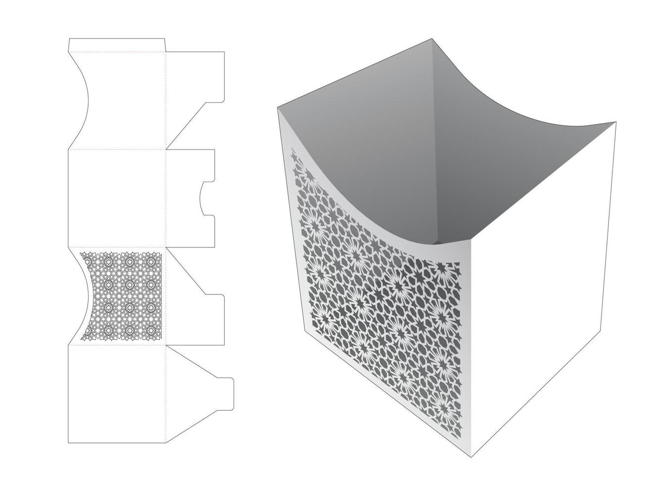 bowl box with stenciled arabic pattern die cut template and 3D mockup vector