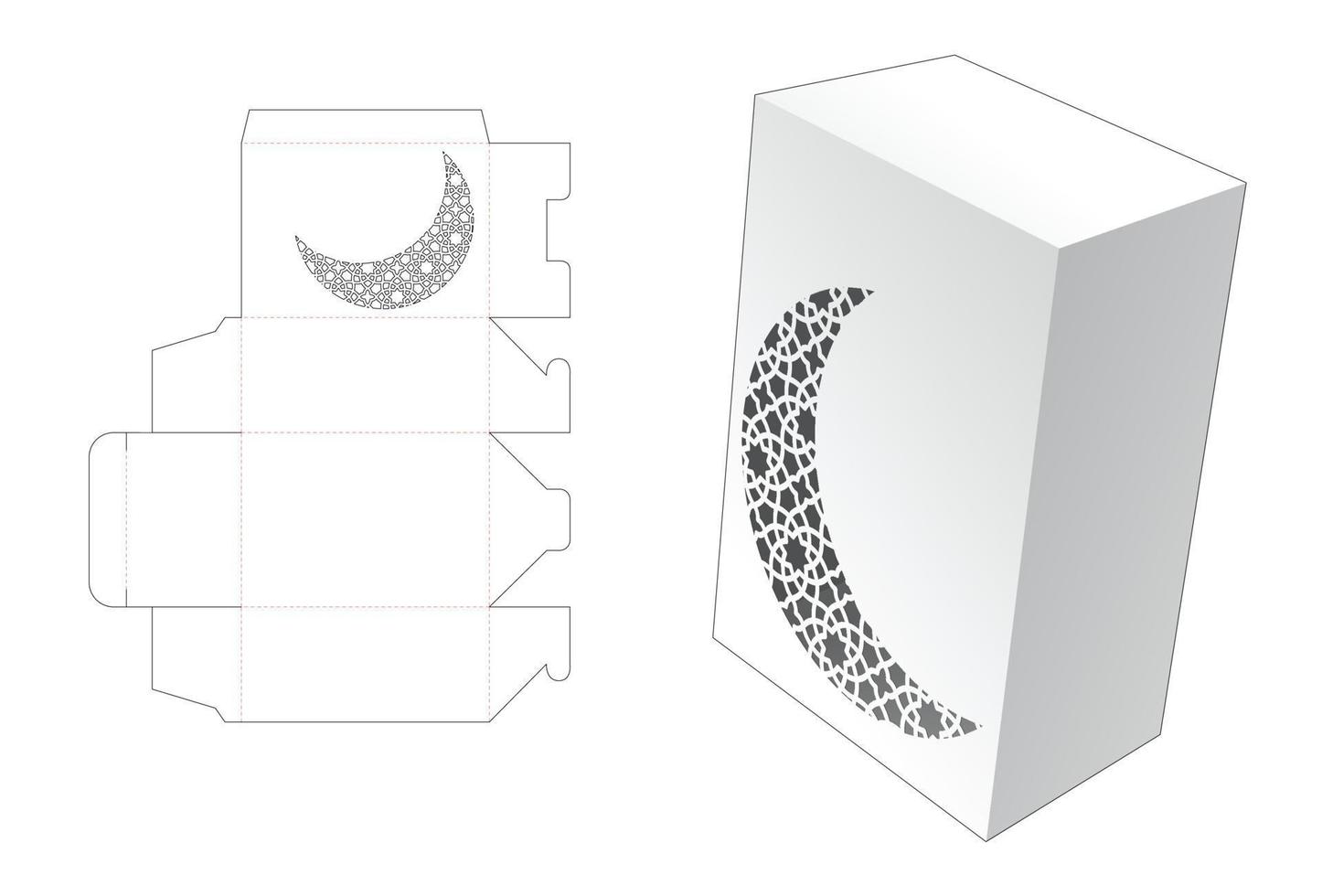 box with Arabic pattern in shaped moon die cut template and 3D mockup vector