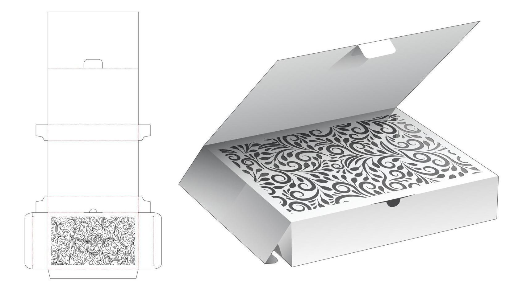 Hidden stenciled box with top flap die cut template and 3D mockup vector