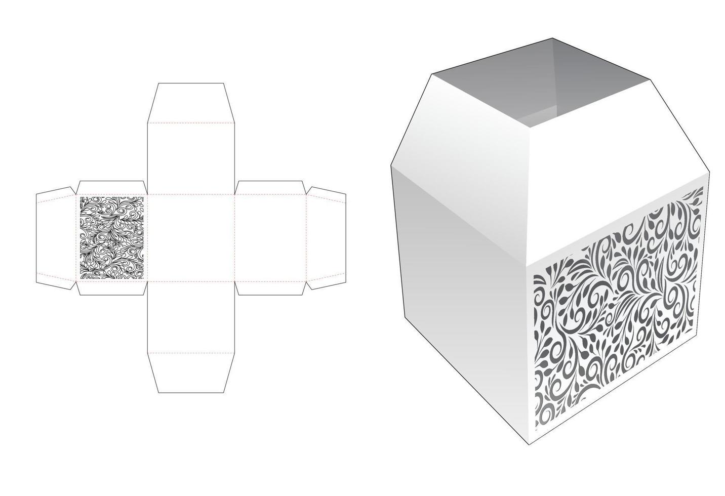 Top trapezoid stationery box with stenciled floral die cut template and 3D mockup vector