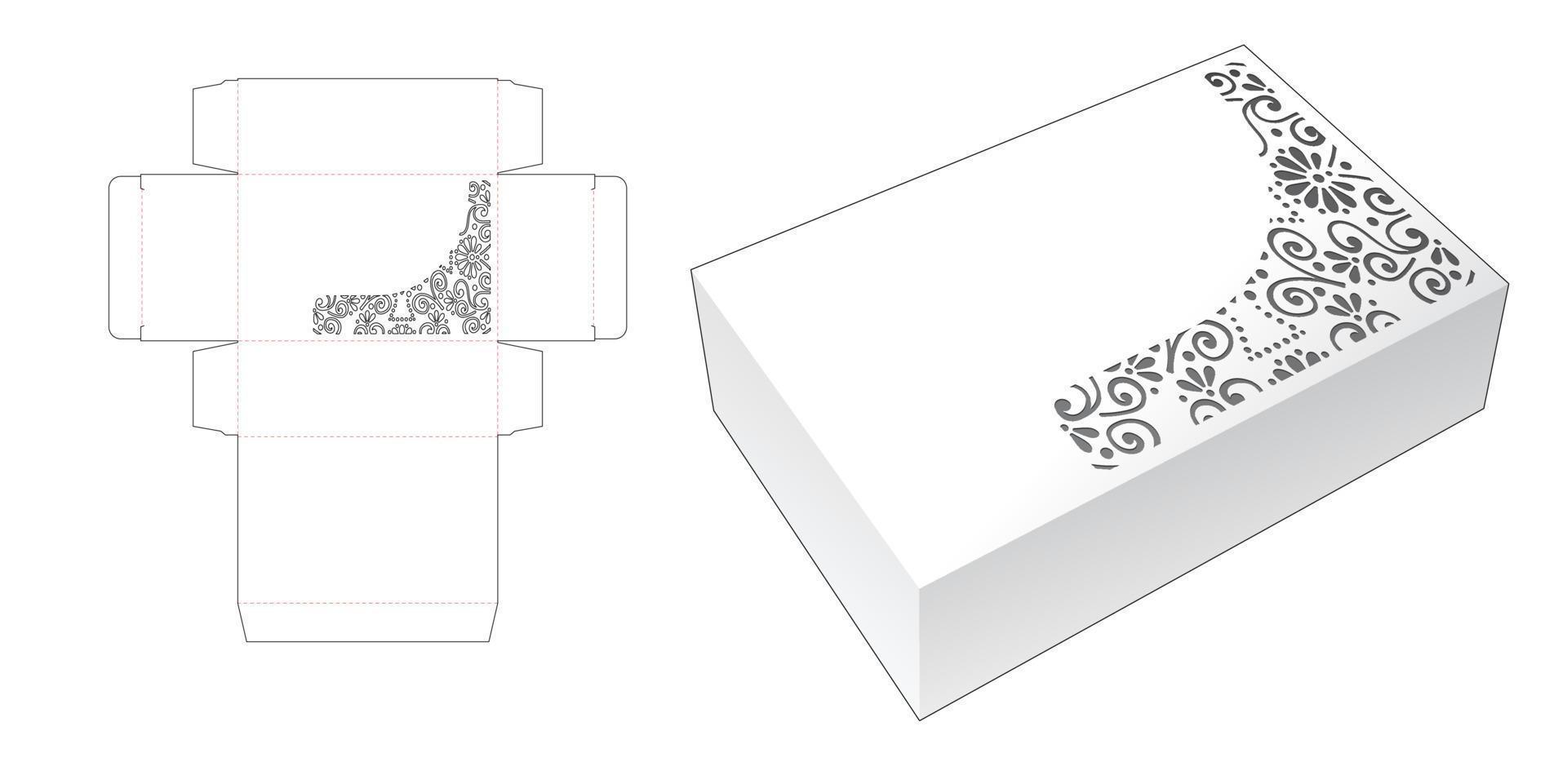 Box with stenciled pattern die cut template and 3D mockup vector