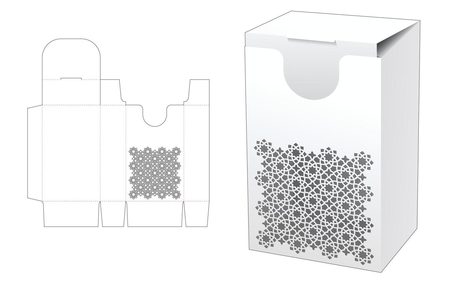 box with stenciled Arabic pattern window die cut template and 3D mockup vector