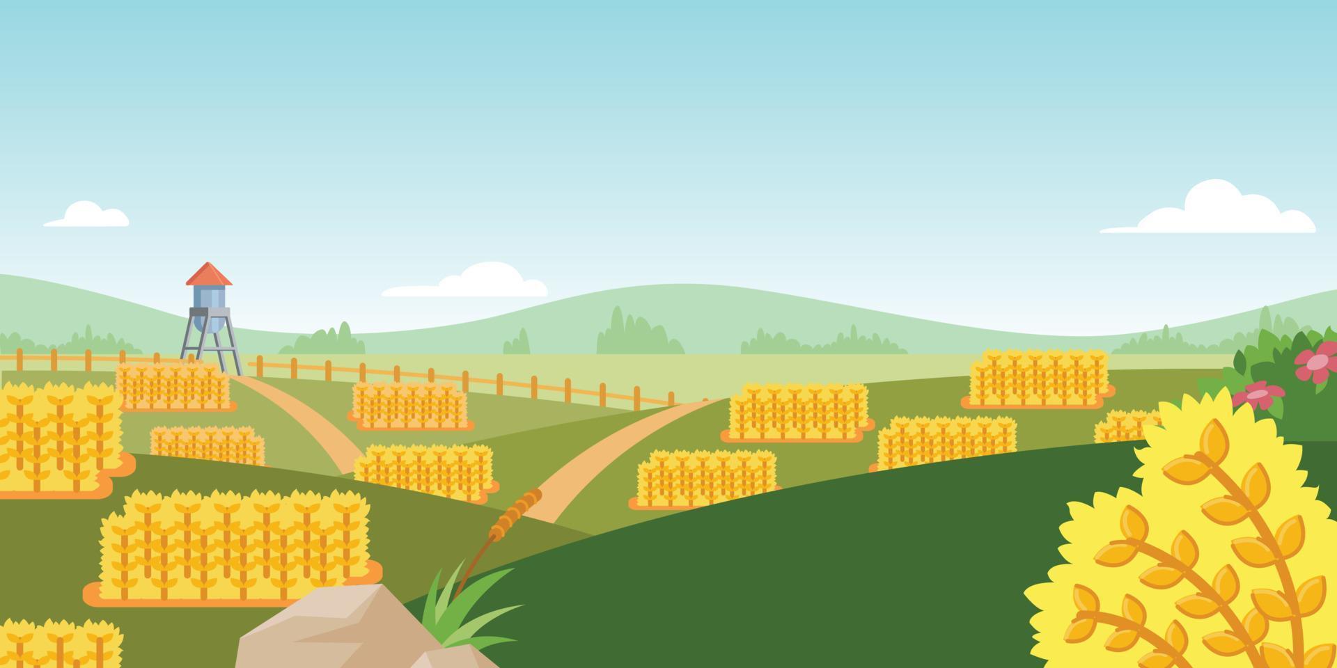 fondo granja campo grano plantación dibujos animados vector